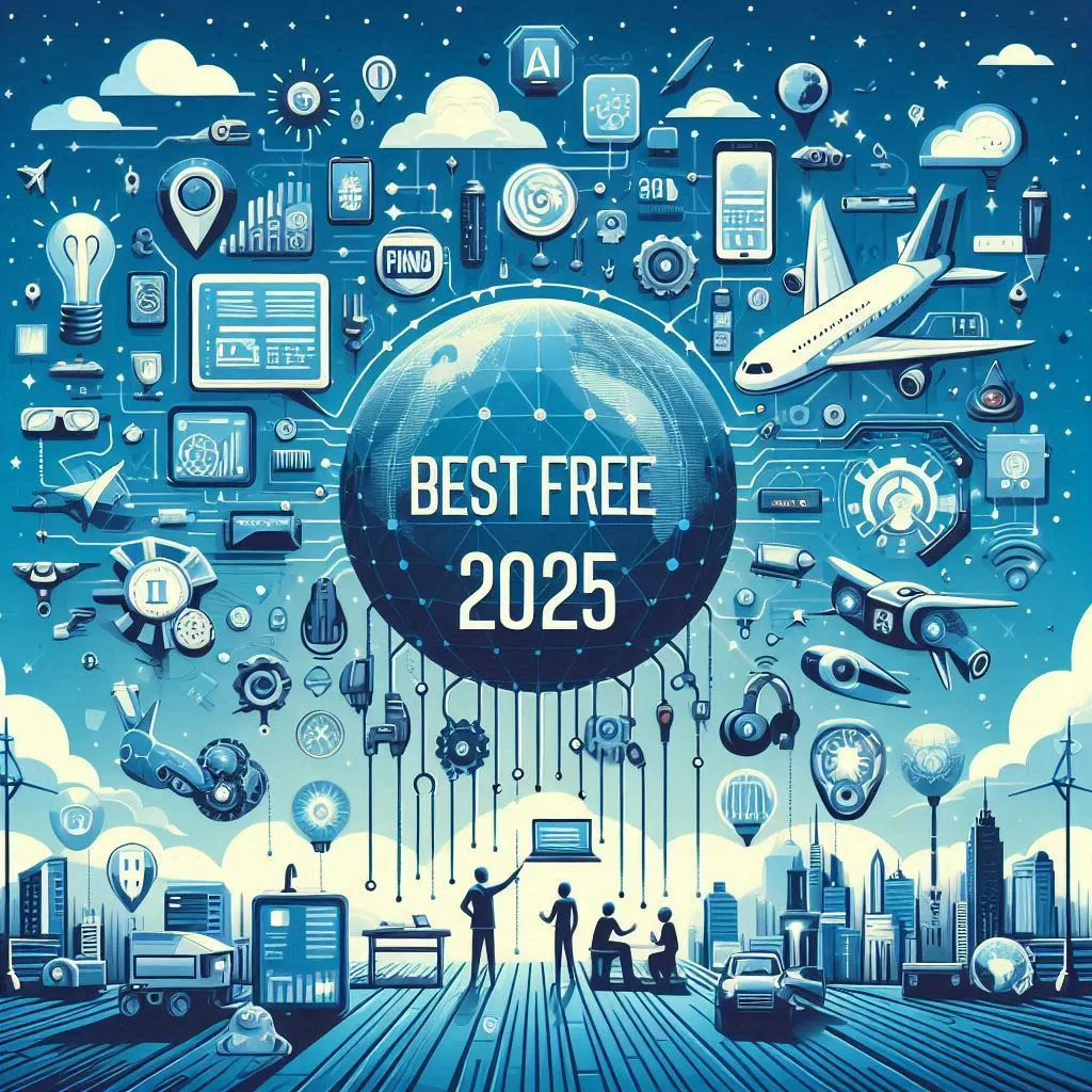 Best free AI tools 2025 banner with digital icons and futuristic background
